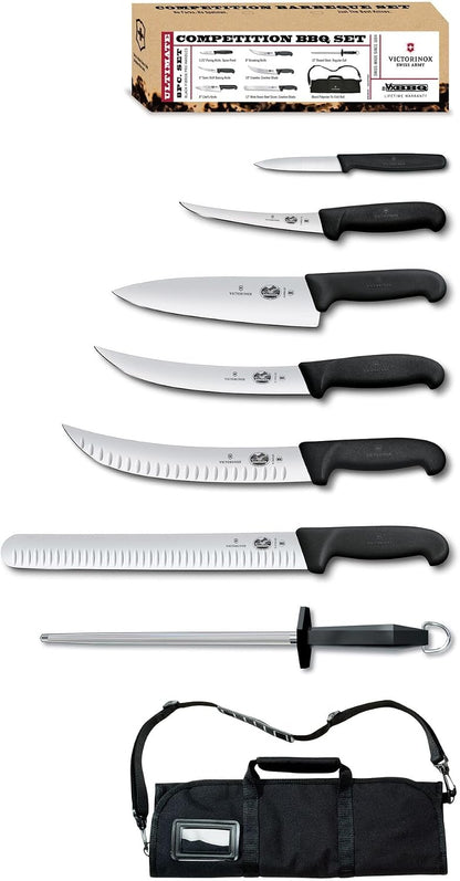 Fibrox Pro Ultimate BBQ Set 8-Pieces including Knife Roll, Black | Professional high-carbon stainless steel blades, non-slip ergonomic handles, includes 12 in slicer and sharpening steel.