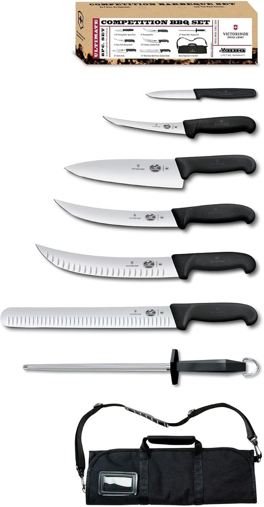 Fibrox Pro Ultimate BBQ Set 8-Pieces including Knife Roll, Black | Professional high-carbon stainless steel blades, non-slip ergonomic handles, includes 12 in slicer and sharpening steel.