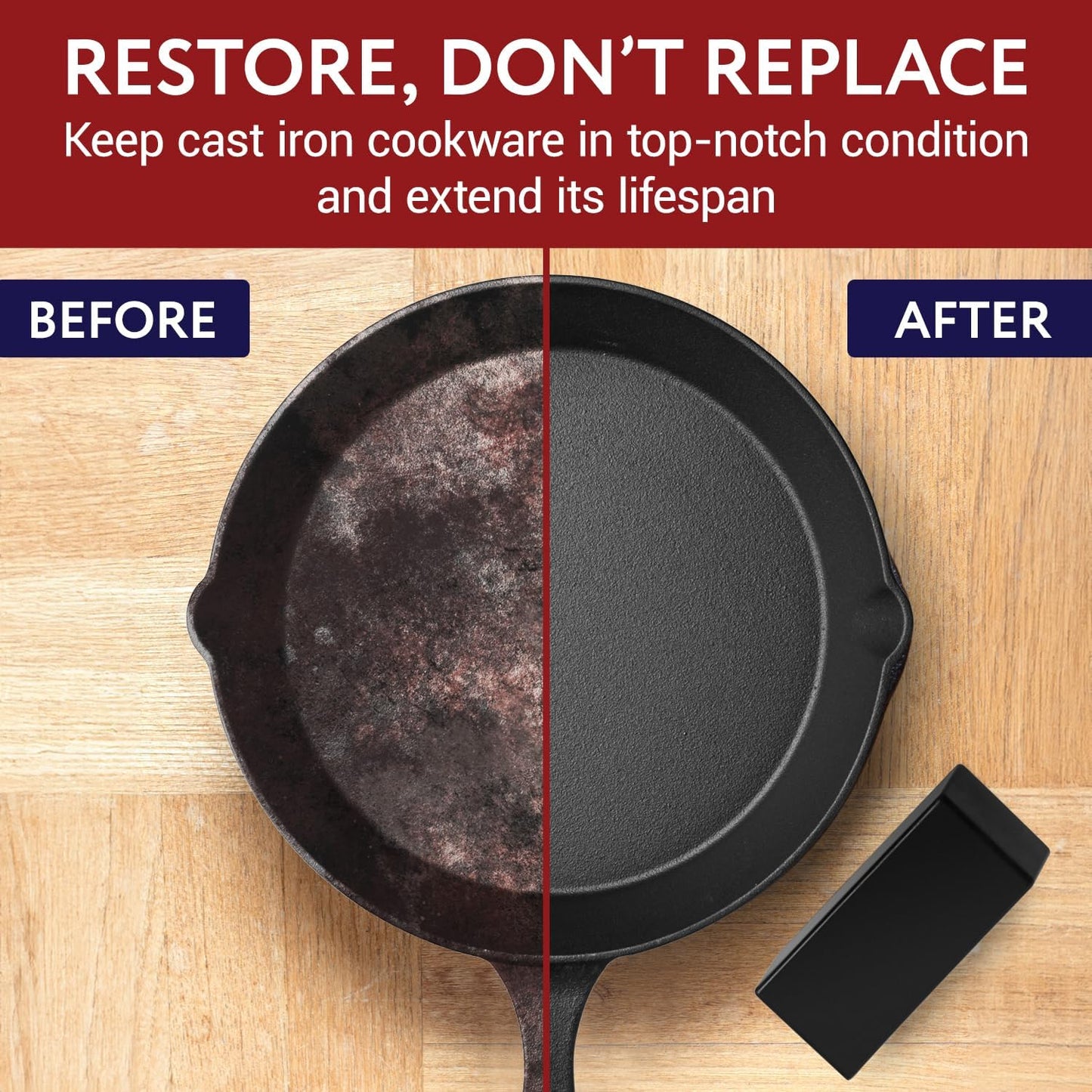 Cast Iron Rust Remover Erasers, 2-Pack XL - 4.75 x 2 x 1 Inch, Black Abrasive Rubber - Rust Remover for Cast Iron Skillets & Cookware - Versatile Metal Cleaner