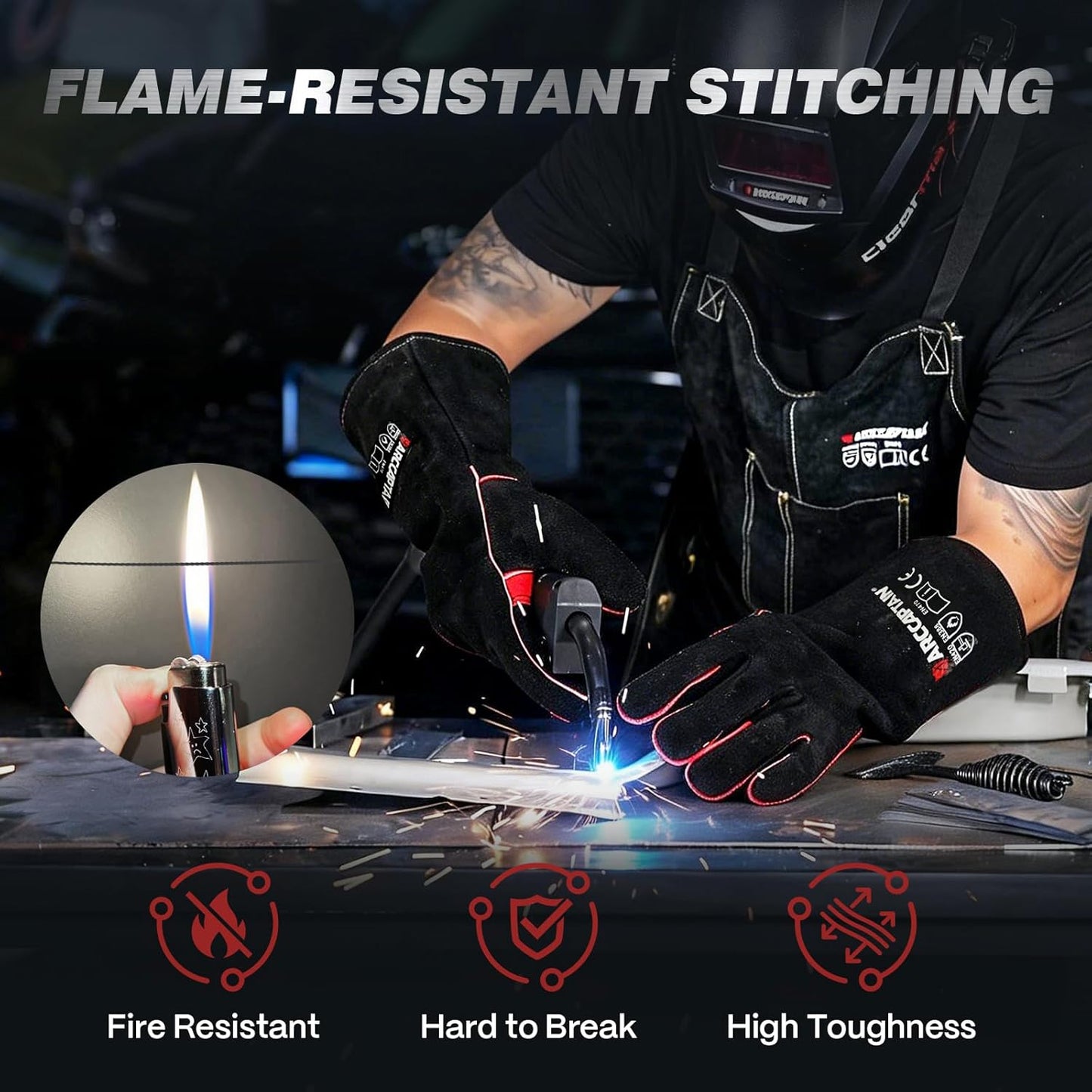 16" Welding Gloves for Men and Women, Heat Resistant Fire Gloves, Cowhide Leather Welding Gloves for MIG, TIG & Stick, Forge, BBQ Grill, Fireplace, Campfire, Wood Stove & Oven, Black-Red, L