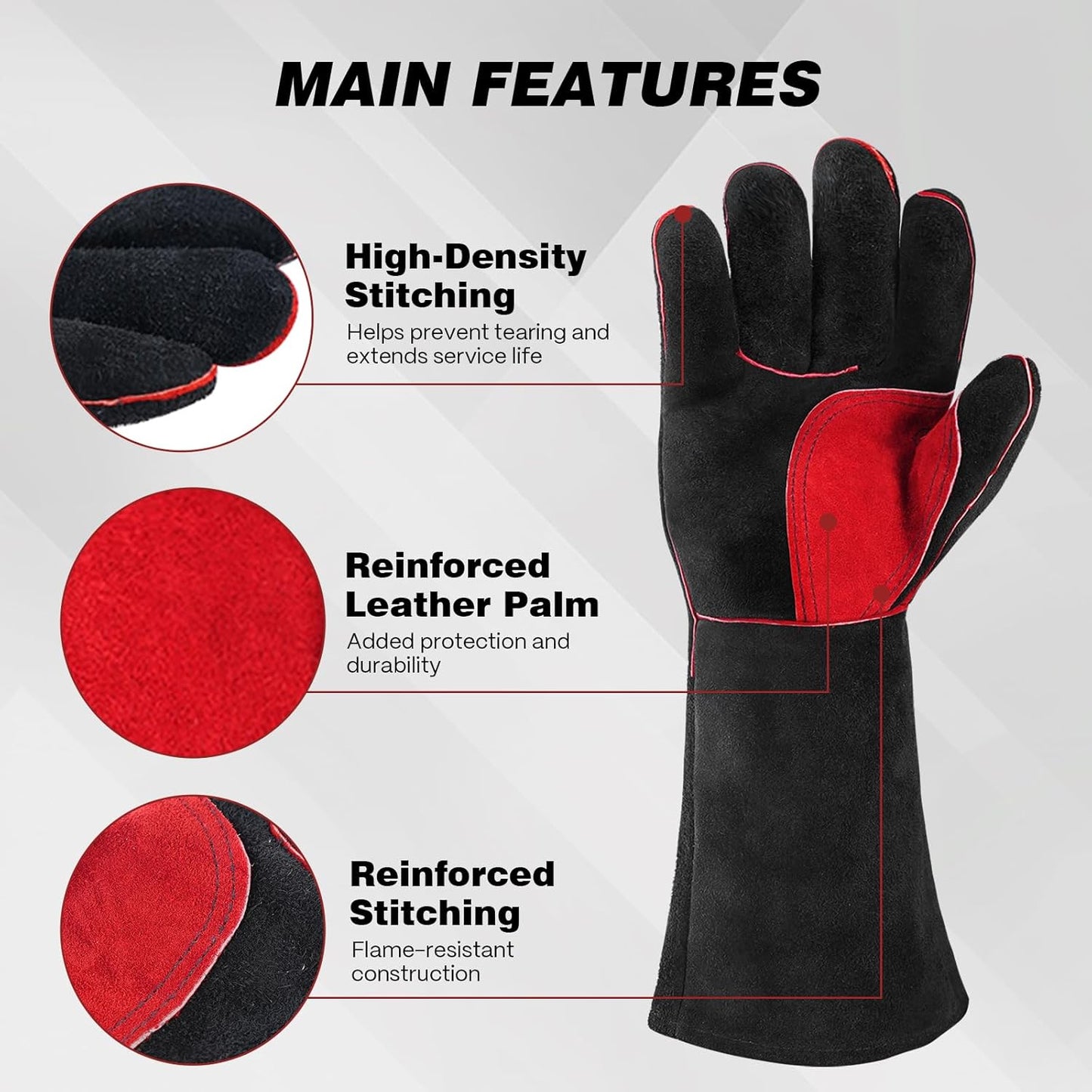 16" Welding Gloves for Men and Women, Heat Resistant Fire Gloves, Cowhide Leather Welding Gloves for MIG, TIG & Stick, Forge, BBQ Grill, Fireplace, Campfire, Wood Stove & Oven, Black-Red, L