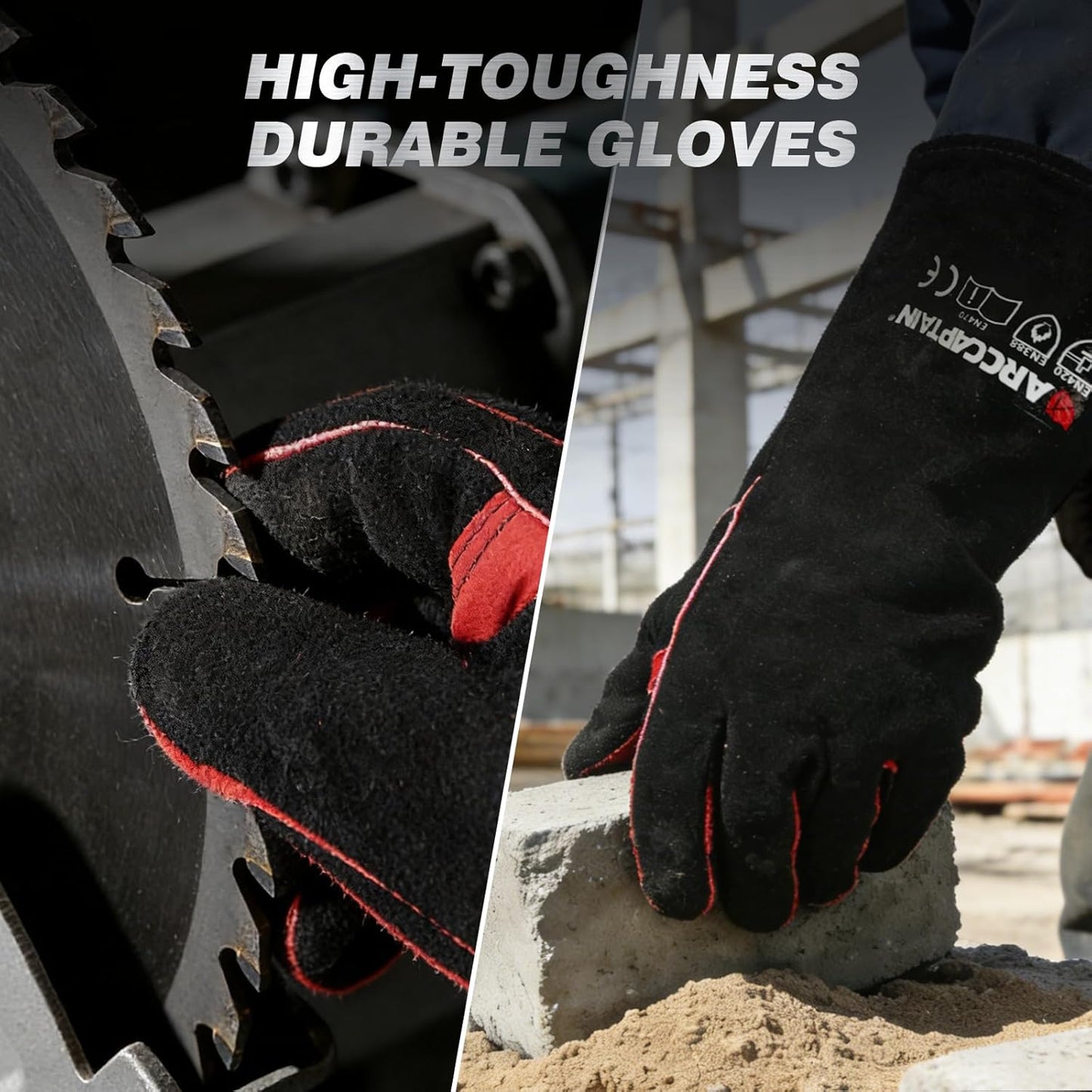 16" Welding Gloves for Men and Women, Heat Resistant Fire Gloves, Cowhide Leather Welding Gloves for MIG, TIG & Stick, Forge, BBQ Grill, Fireplace, Campfire, Wood Stove & Oven, Black-Red, L