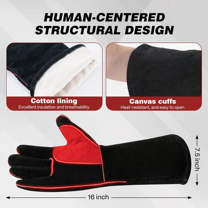 16" Welding Gloves for Men and Women, Heat Resistant Fire Gloves, Cowhide Leather Welding Gloves for MIG, TIG & Stick, Forge, BBQ Grill, Fireplace, Campfire, Wood Stove & Oven, Black-Red, L