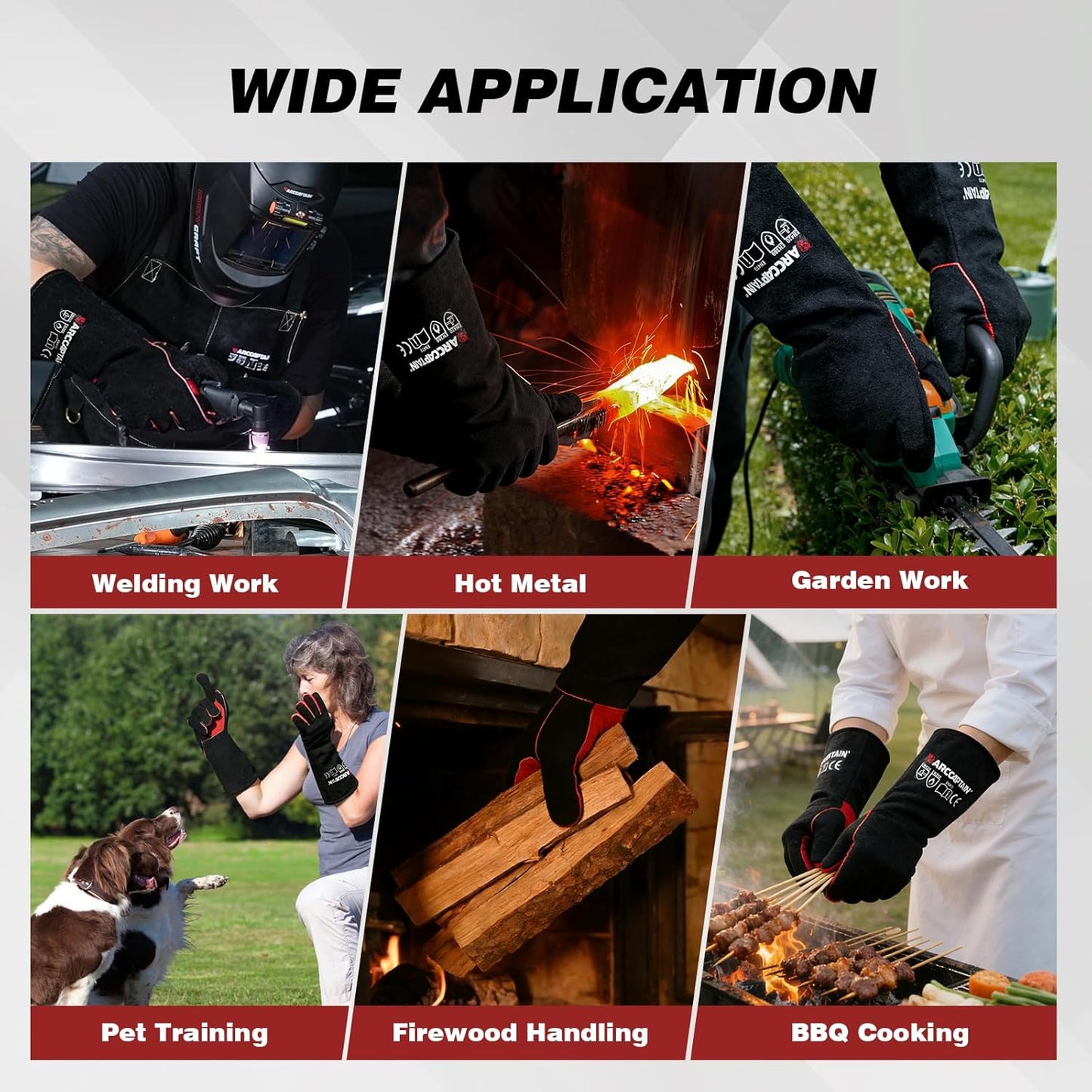 16" Welding Gloves for Men and Women, Heat Resistant Fire Gloves, Cowhide Leather Welding Gloves for MIG, TIG & Stick, Forge, BBQ Grill, Fireplace, Campfire, Wood Stove & Oven, Black-Red, L