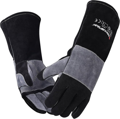 16" Welding Gloves for Men and Women, Heat Resistant Fire Gloves, Cowhide Leather Welding Gloves for MIG, TIG & Stick, Forge, BBQ Grill, Fireplace, Campfire, Wood Stove & Oven, Black-Red, L
