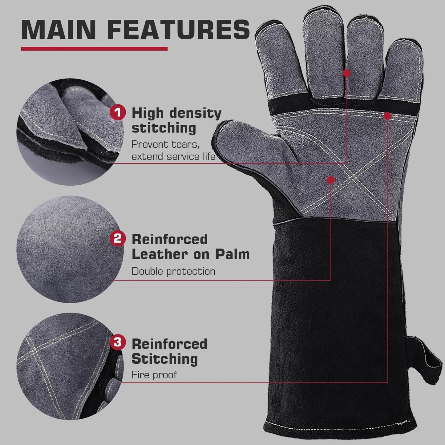 16" Welding Gloves for Men and Women, Heat Resistant Fire Gloves, Cowhide Leather Welding Gloves for MIG, TIG & Stick, Forge, BBQ Grill, Fireplace, Campfire, Wood Stove & Oven, Black-Red, L