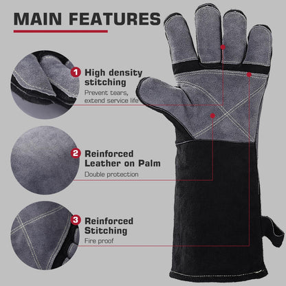 16" Welding Gloves for Men and Women, Heat Resistant Fire Gloves, Cowhide Leather Welding Gloves for MIG, TIG & Stick, Forge, BBQ Grill, Fireplace, Campfire, Wood Stove & Oven, Black-Red, L