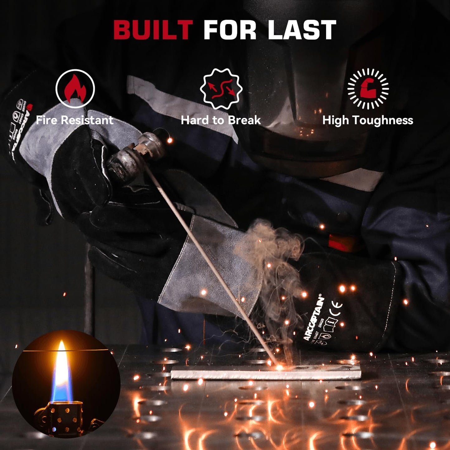16" Welding Gloves for Men and Women, Heat Resistant Fire Gloves, Cowhide Leather Welding Gloves for MIG, TIG & Stick, Forge, BBQ Grill, Fireplace, Campfire, Wood Stove & Oven, Black-Red, L