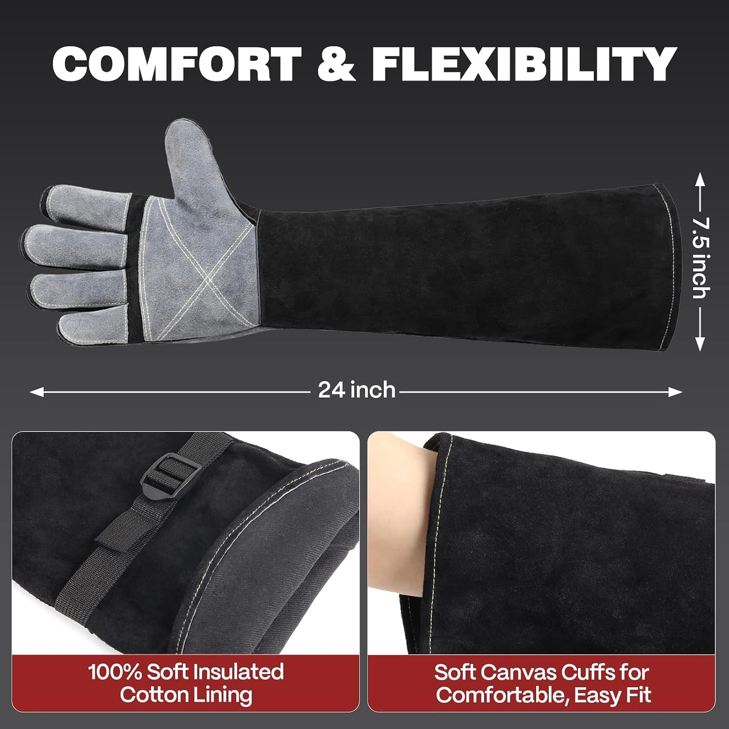 16" Welding Gloves for Men and Women, Heat Resistant Fire Gloves, Cowhide Leather Welding Gloves for MIG, TIG & Stick, Forge, BBQ Grill, Fireplace, Campfire, Wood Stove & Oven, Black-Red, L