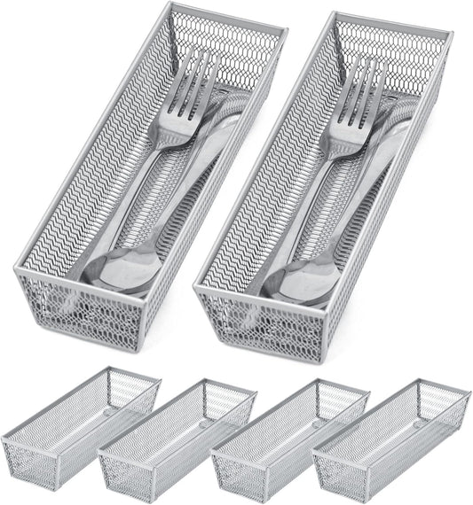 Silverware Organizer, Silver, 9 * 3 * 2 inch, Pack 6 | Mesh Drawer Organizer, Metal Utensil Organizer, For Flatware, Knives, Spoons, Cosmetic