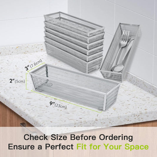 Silverware Organizer, Silver, 9 * 3 * 2 inch, Pack 6 | Mesh Drawer Organizer, Metal Utensil Organizer, For Flatware, Knives, Spoons, Cosmetic