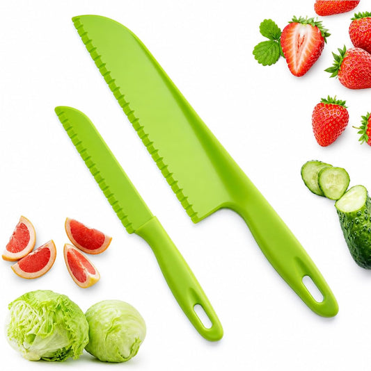 Green Plastic Knife Set – 11" Large and 8.7“ Small Utility Knives Combo for Kitchen, Food Prep & Picnic Use – Lightweight, Reusable, Safe for Kids – BPA-Free, Serrated Plastic Cutter for Fruits &Cake
