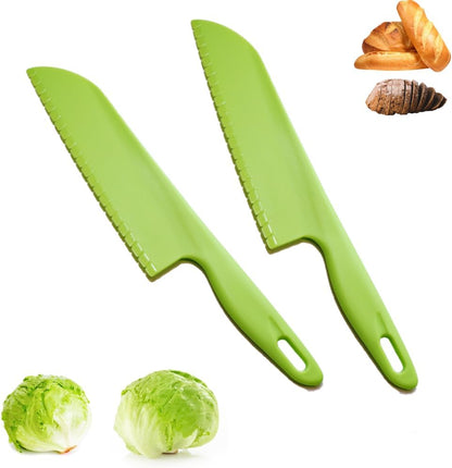 Green Plastic Knife Set – 11" Large and 8.7“ Small Utility Knives Combo for Kitchen, Food Prep & Picnic Use – Lightweight, Reusable, Safe for Kids – BPA-Free, Serrated Plastic Cutter for Fruits &Cake