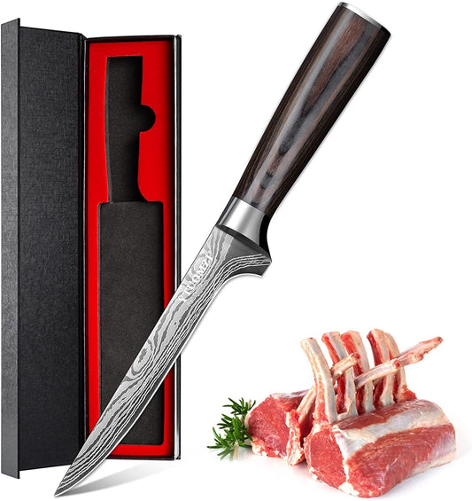 Boning Knife 6-inch High Carbon German Steel Flexible Fillet Knife for Fish – 6" Razor Sharp Deboning Knifves for Meat Poultry Chicken Cutting l Ergonomic Pakkawood Handle, Gift Box
