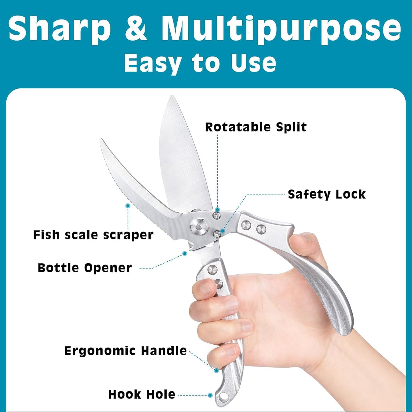 Kitchen Shears Heavy Duty - All Purpose Poultry Shears Stainless Steel Kitchen Scissors for Thanksgiving, Chicken, Bone, Meat, Turkey, Fish, Scissor for Cutting Cooking, Dishwasher Safe (Silver)