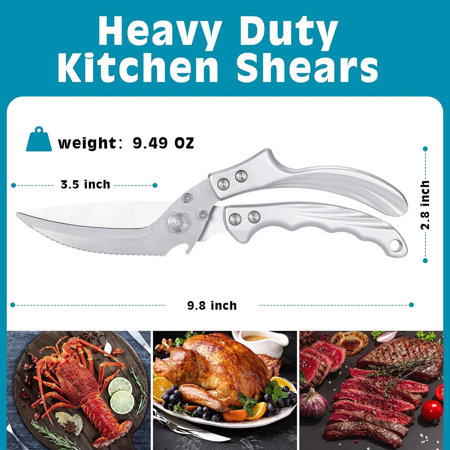 Kitchen Shears Heavy Duty - All Purpose Poultry Shears Stainless Steel Kitchen Scissors for Thanksgiving, Chicken, Bone, Meat, Turkey, Fish, Scissor for Cutting Cooking, Dishwasher Safe (Silver)