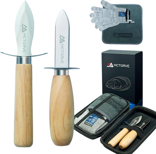 Oyster Shucking Knife and Glove Set - Oyster Shucker Kit with 2pcs Knife, 1pair Level5 Protection Gloves, 1pc Kitchen Cloth - Seafood Opener Tools in Storage Bag (Black) - Great Gifts