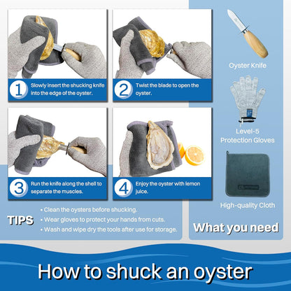 Oyster Shucking Knife and Glove Set - Oyster Shucker Kit with 2pcs Knife, 1pair Level5 Protection Gloves, 1pc Kitchen Cloth - Seafood Opener Tools in Storage Bag (Black) - Great Gifts