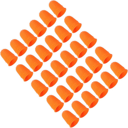 Rubber Finger Tips, 30 Pack Silicone Thumb Fingertip Protector Finger Cots Covers Guard Pads Thimble Grips for Office Counting Sewing, Orange M Size