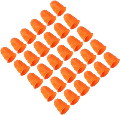 Rubber Finger Tips, 30 Pack Silicone Thumb Fingertip Protector Finger Cots Covers Guard Pads Thimble Grips for Office Counting Sewing, Orange M Size
