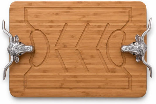 Longhorn Carving Board - Bamboo Wood with Aluminum Handle - Perfect for Serving Meats or Appetizers - 20 x 13 Inches
