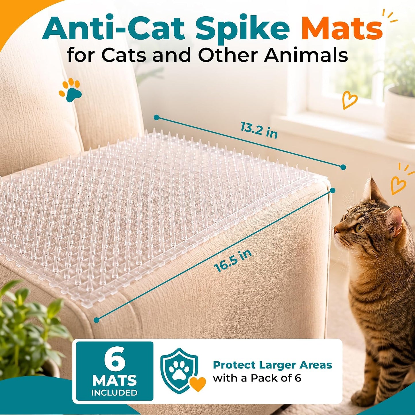 Cat Deterrent at Home - Pack of 6 Pet Deterrent Mats for Cats and Dogs - Indoor and Outdoor Spike Mats for Pet Training - Durable, Lightweight, Cut-to-Size Design - White, 16.5 x 13.2 Inches