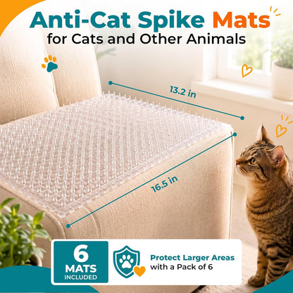 Cat Deterrent at Home - Pack of 6 Pet Deterrent Mats for Cats and Dogs - Indoor and Outdoor Spike Mats for Pet Training - Durable, Lightweight, Cut-to-Size Design - White, 16.5 x 13.2 Inches