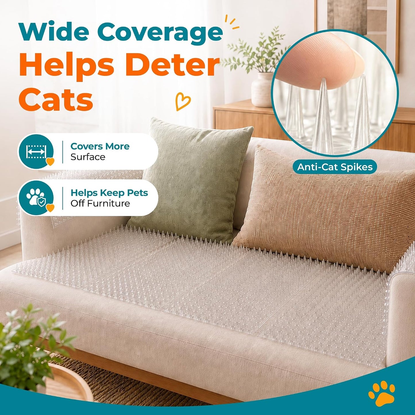 Cat Deterrent at Home - Pack of 6 Pet Deterrent Mats for Cats and Dogs - Indoor and Outdoor Spike Mats for Pet Training - Durable, Lightweight, Cut-to-Size Design - White, 16.5 x 13.2 Inches