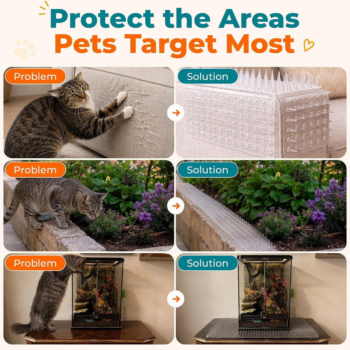 Cat Deterrent at Home - Pack of 6 Pet Deterrent Mats for Cats and Dogs - Indoor and Outdoor Spike Mats for Pet Training - Durable, Lightweight, Cut-to-Size Design - White, 16.5 x 13.2 Inches