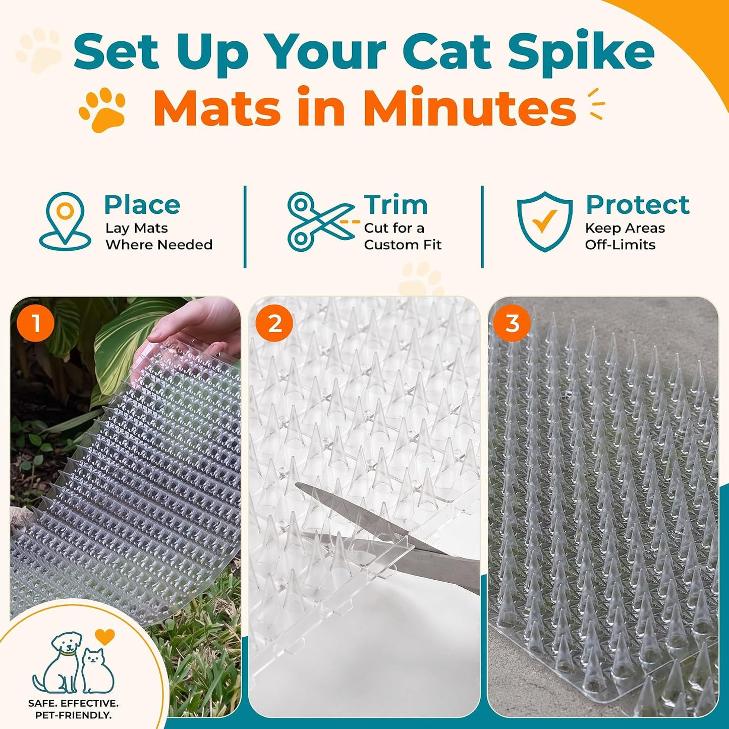 Cat Deterrent at Home - Pack of 6 Pet Deterrent Mats for Cats and Dogs - Indoor and Outdoor Spike Mats for Pet Training - Durable, Lightweight, Cut-to-Size Design - White, 16.5 x 13.2 Inches