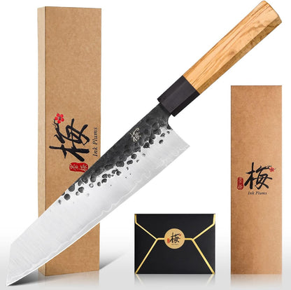 9 Inch Japanese Kiritsuke Chef Knife, Hand Forged High Carbon Steel Gyuto Kitchen Knife for Meat Fish Vegetables, Professional Cooking Knife with Olive Wood Octagonal Handle & Gift Box