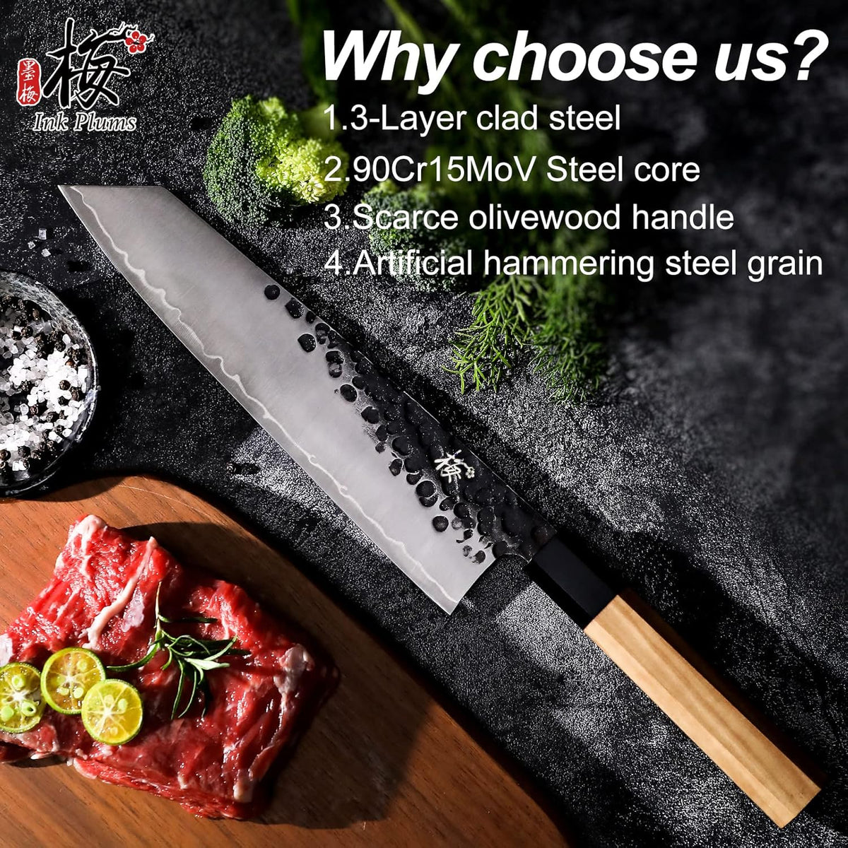 9 Inch Japanese Kiritsuke Chef Knife, Hand Forged High Carbon Steel Gyuto Kitchen Knife for Meat Fish Vegetables, Professional Cooking Knife with Olive Wood Octagonal Handle & Gift Box