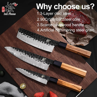 9 Inch Japanese Kiritsuke Chef Knife, Hand Forged High Carbon Steel Gyuto Kitchen Knife for Meat Fish Vegetables, Professional Cooking Knife with Olive Wood Octagonal Handle & Gift Box