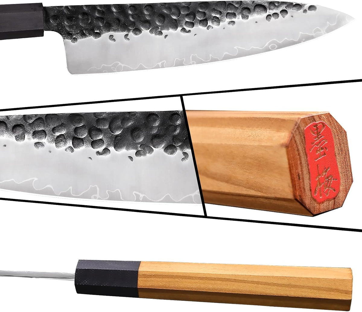 9 Inch Japanese Kiritsuke Chef Knife, Hand Forged High Carbon Steel Gyuto Kitchen Knife for Meat Fish Vegetables, Professional Cooking Knife with Olive Wood Octagonal Handle & Gift Box