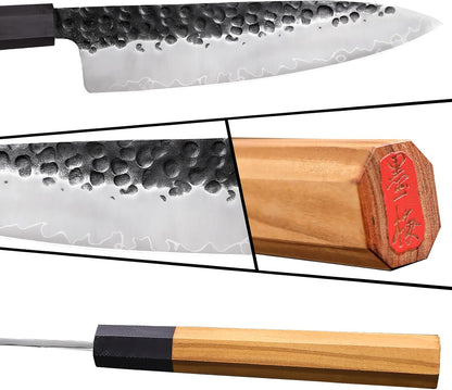 9 Inch Japanese Kiritsuke Chef Knife, Hand Forged High Carbon Steel Gyuto Kitchen Knife for Meat Fish Vegetables, Professional Cooking Knife with Olive Wood Octagonal Handle & Gift Box