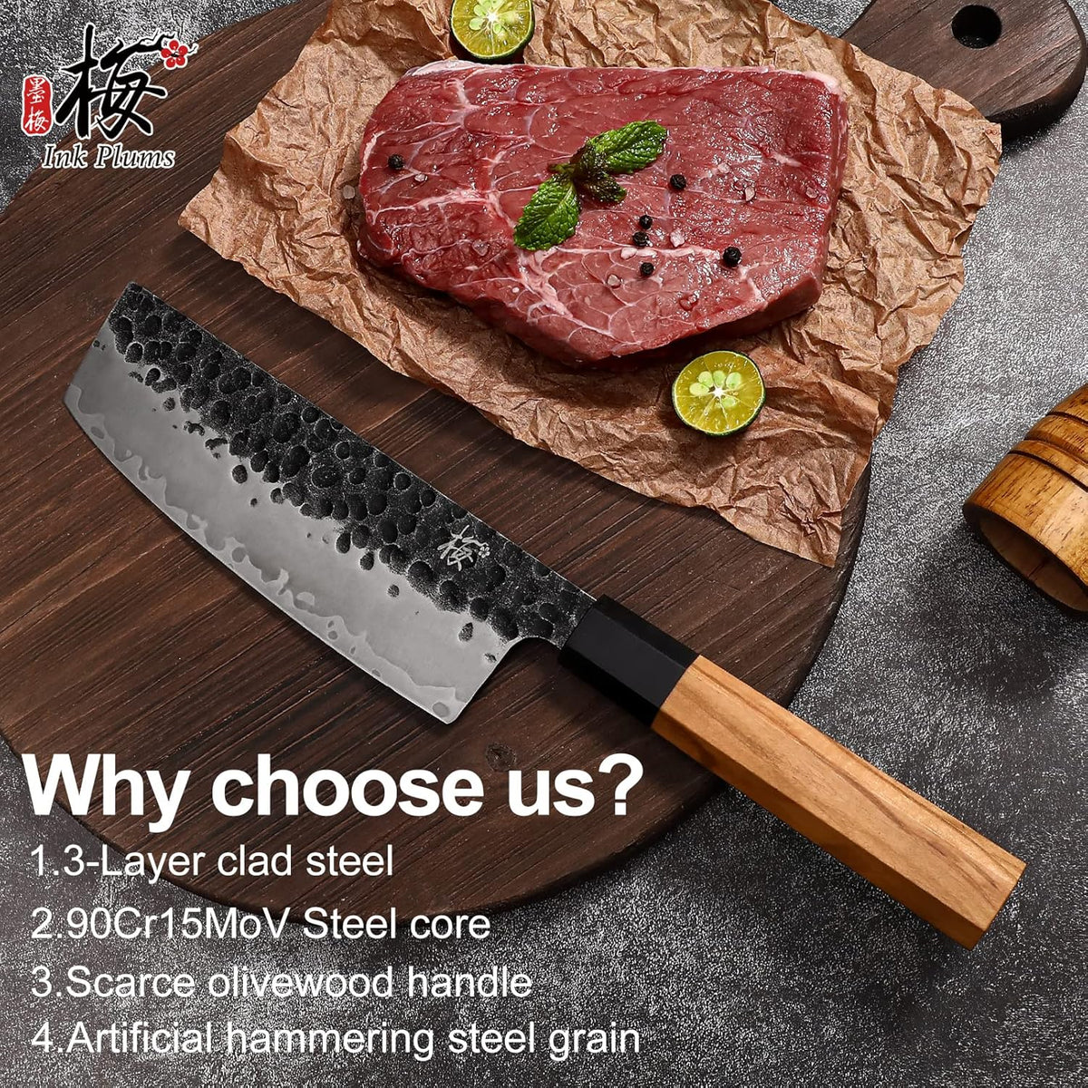 9 Inch Japanese Kiritsuke Chef Knife, Hand Forged High Carbon Steel Gyuto Kitchen Knife for Meat Fish Vegetables, Professional Cooking Knife with Olive Wood Octagonal Handle & Gift Box