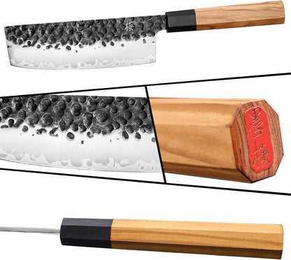 9 Inch Japanese Kiritsuke Chef Knife, Hand Forged High Carbon Steel Gyuto Kitchen Knife for Meat Fish Vegetables, Professional Cooking Knife with Olive Wood Octagonal Handle & Gift Box