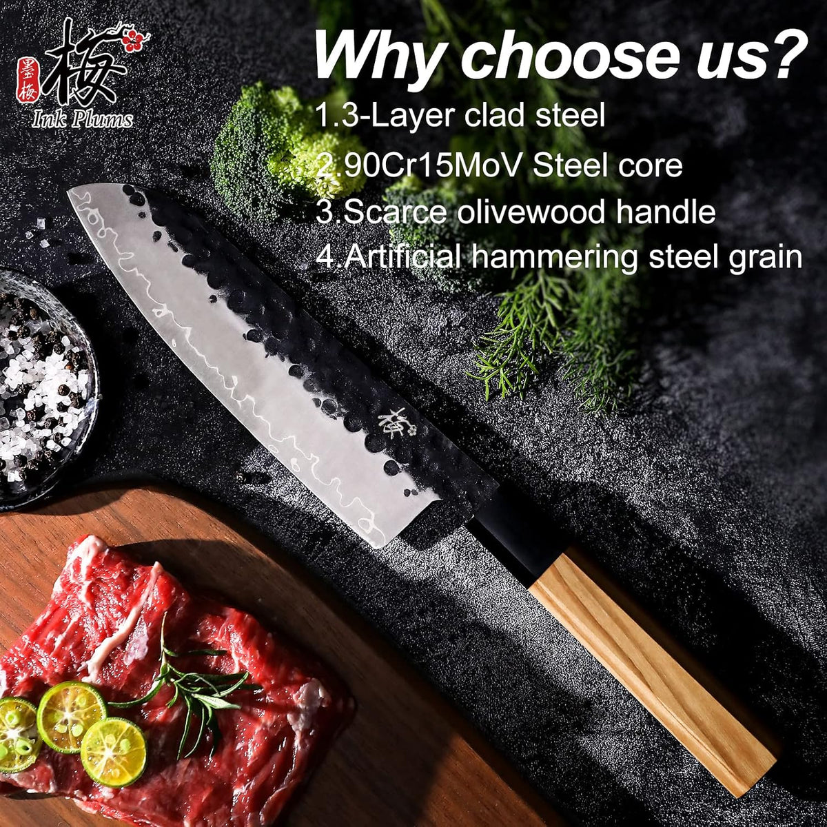 9 Inch Japanese Kiritsuke Chef Knife, Hand Forged High Carbon Steel Gyuto Kitchen Knife for Meat Fish Vegetables, Professional Cooking Knife with Olive Wood Octagonal Handle & Gift Box