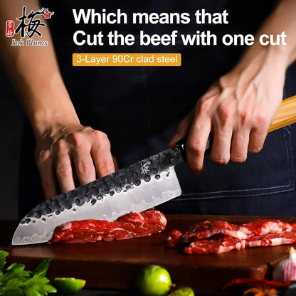 9 Inch Japanese Kiritsuke Chef Knife, Hand Forged High Carbon Steel Gyuto Kitchen Knife for Meat Fish Vegetables, Professional Cooking Knife with Olive Wood Octagonal Handle & Gift Box