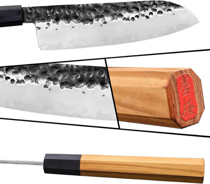 9 Inch Japanese Kiritsuke Chef Knife, Hand Forged High Carbon Steel Gyuto Kitchen Knife for Meat Fish Vegetables, Professional Cooking Knife with Olive Wood Octagonal Handle & Gift Box