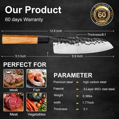 9 Inch Japanese Kiritsuke Chef Knife, Hand Forged High Carbon Steel Gyuto Kitchen Knife for Meat Fish Vegetables, Professional Cooking Knife with Olive Wood Octagonal Handle & Gift Box