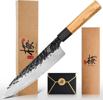 9 Inch Japanese Kiritsuke Chef Knife, Hand Forged High Carbon Steel Gyuto Kitchen Knife for Meat Fish Vegetables, Professional Cooking Knife with Olive Wood Octagonal Handle & Gift Box