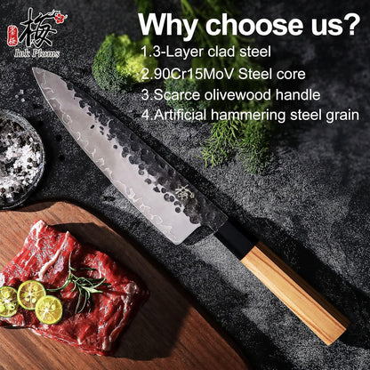 9 Inch Japanese Kiritsuke Chef Knife, Hand Forged High Carbon Steel Gyuto Kitchen Knife for Meat Fish Vegetables, Professional Cooking Knife with Olive Wood Octagonal Handle & Gift Box