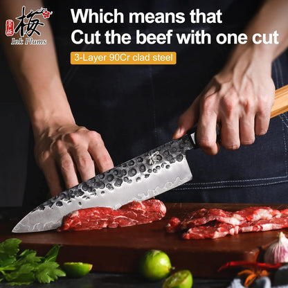 9 Inch Japanese Kiritsuke Chef Knife, Hand Forged High Carbon Steel Gyuto Kitchen Knife for Meat Fish Vegetables, Professional Cooking Knife with Olive Wood Octagonal Handle & Gift Box