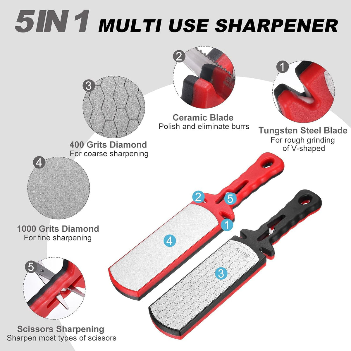 400/1000 Grit Handheld Diamond Sharpening Stone Double-Sided Whetstone 5-In-1 Sharpener Tool with Ceramic and Tungsten Steel Scissor Slot for Kitchen, Black Red