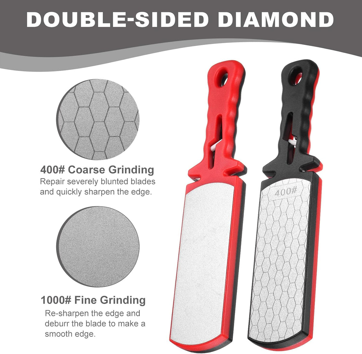 400/1000 Grit Handheld Diamond Sharpening Stone Double-Sided Whetstone 5-In-1 Sharpener Tool with Ceramic and Tungsten Steel Scissor Slot for Kitchen, Black Red