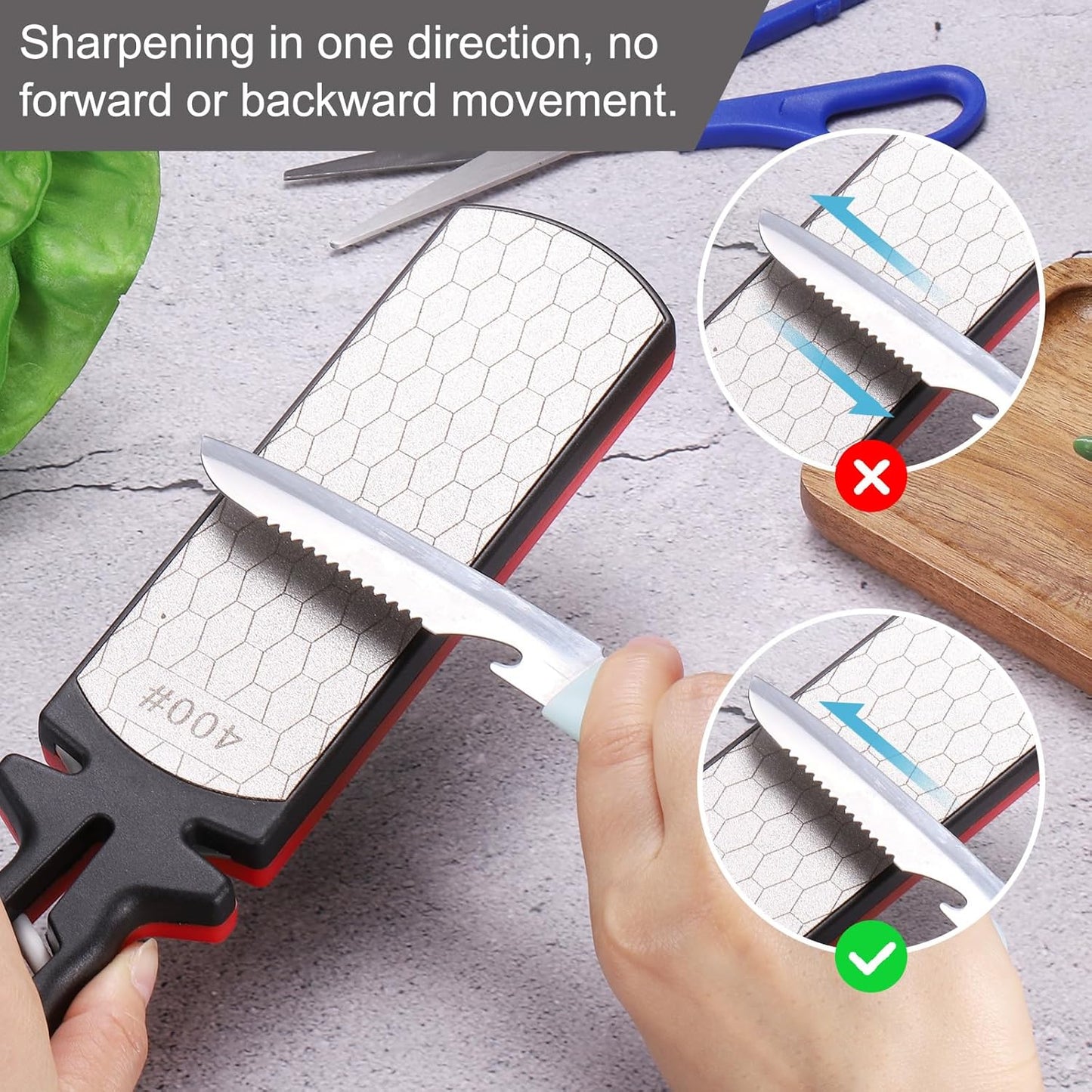 400/1000 Grit Handheld Diamond Sharpening Stone Double-Sided Whetstone 5-In-1 Sharpener Tool with Ceramic and Tungsten Steel Scissor Slot for Kitchen, Black Red