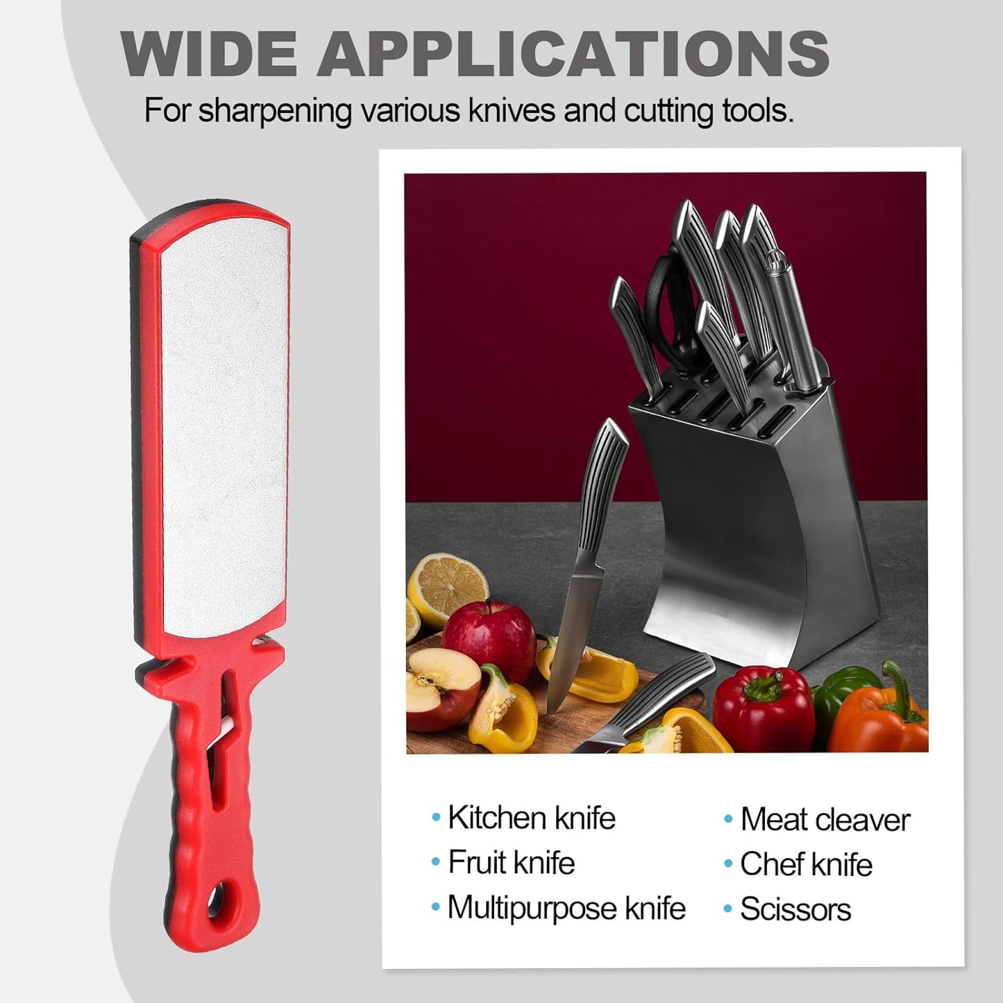 400/1000 Grit Handheld Diamond Sharpening Stone Double-Sided Whetstone 5-In-1 Sharpener Tool with Ceramic and Tungsten Steel Scissor Slot for Kitchen, Black Red