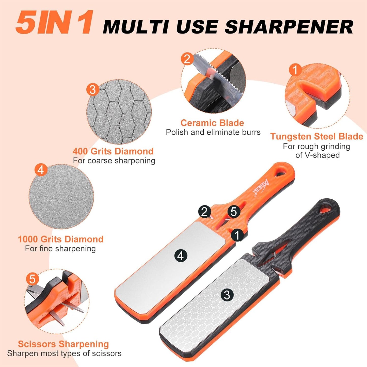 400/1000 Grit Handheld Diamond Sharpening Stone Double-Sided Whetstone 5-In-1 Sharpener Tool with Ceramic and Tungsten Steel Scissor Slot for Kitchen, Black Red