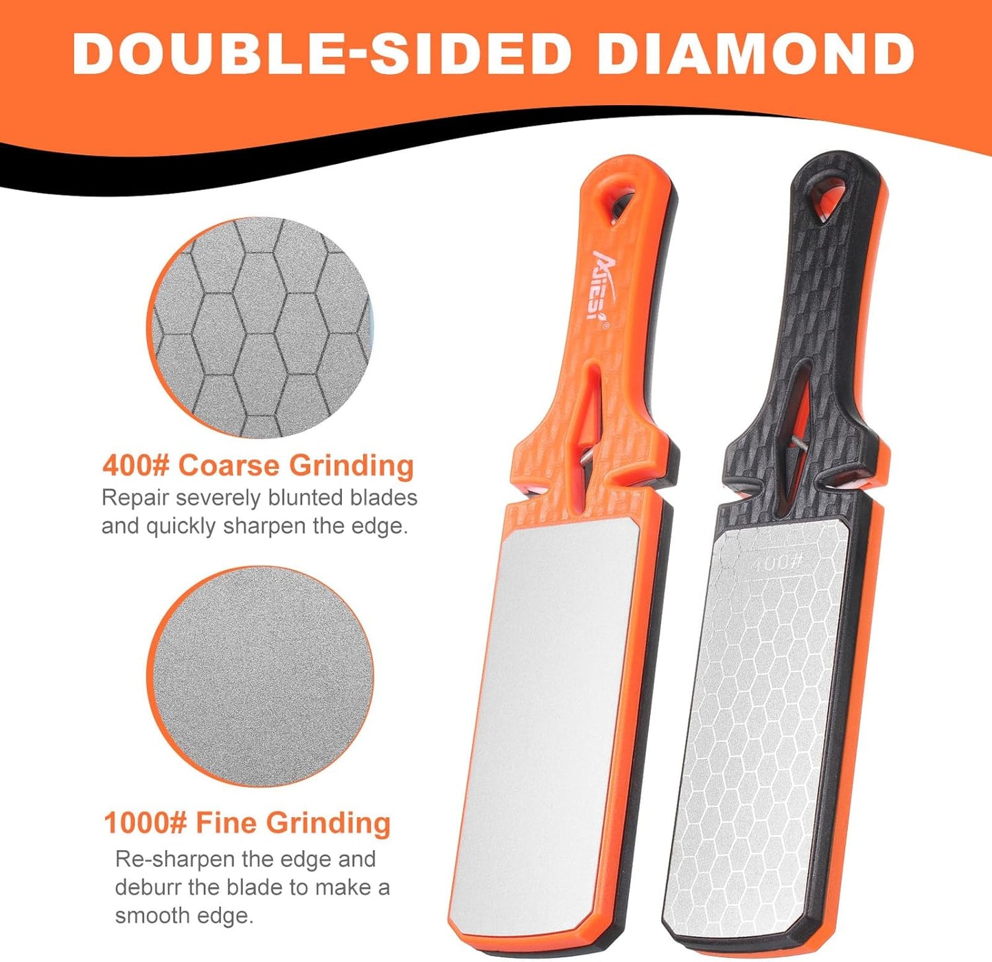 400/1000 Grit Handheld Diamond Sharpening Stone Double-Sided Whetstone 5-In-1 Sharpener Tool with Ceramic and Tungsten Steel Scissor Slot for Kitchen, Black Red